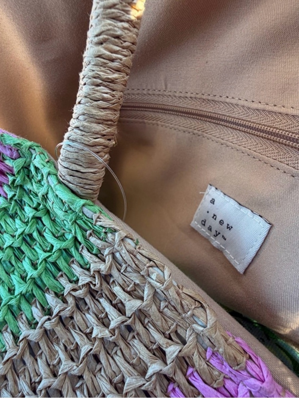 Oversized Woven Striped Tote/Beach Bag in Pink, Green & Tan - Picture 4 of 5